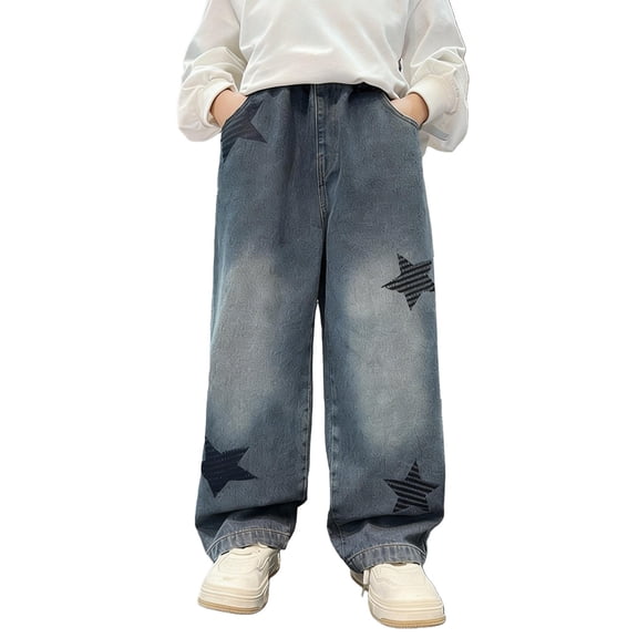 CPNG Boys Baggy Jeans, Wide Leg Star Applique Jeans Elastic Waist Denim Pants with Pockets Loose Fit Trousers Vintage Casual Y2K Streetwear