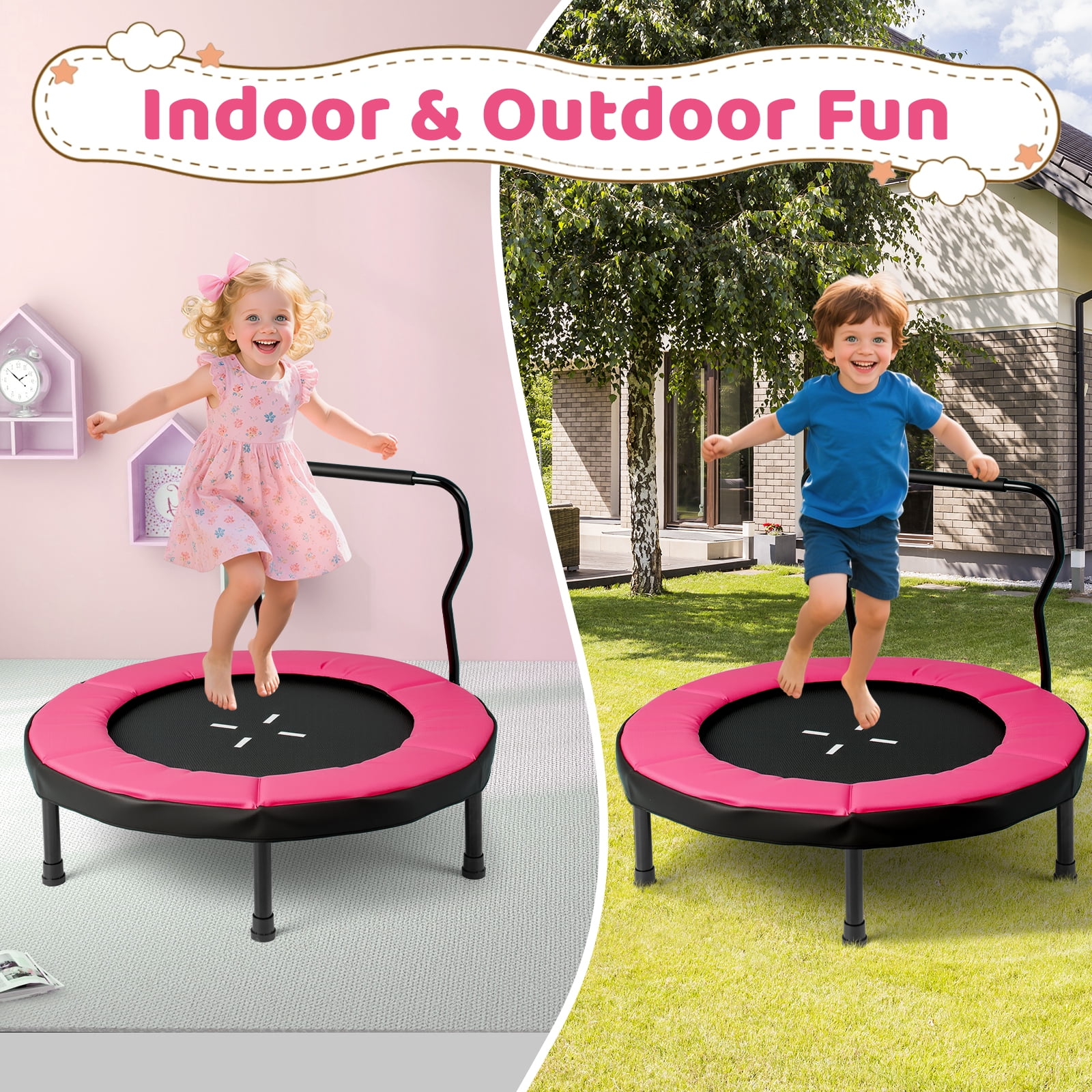 Gymax 40'' Trampoline for Kids Indoor/Outdoor Fitness Trampoline w/ Foam Handlebar Pink