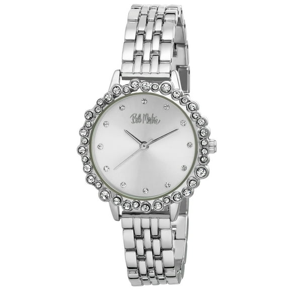 Bob Mackie Women's Silver Crystal Bezel Link Watch