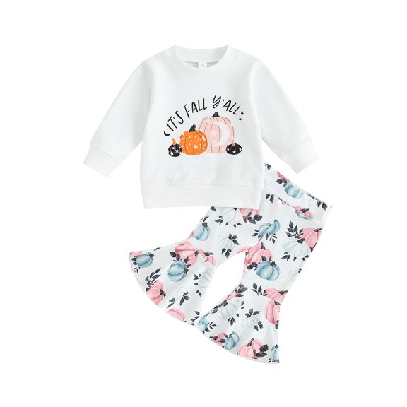 Wassery Baby Girls 2Pcs Fall Outfits Toddler Girls Halloween Clothes Long Sleeve Crewneck Letter Print Sweatshirt Tops Pumpkin Flare Pants Sets 6M-4T