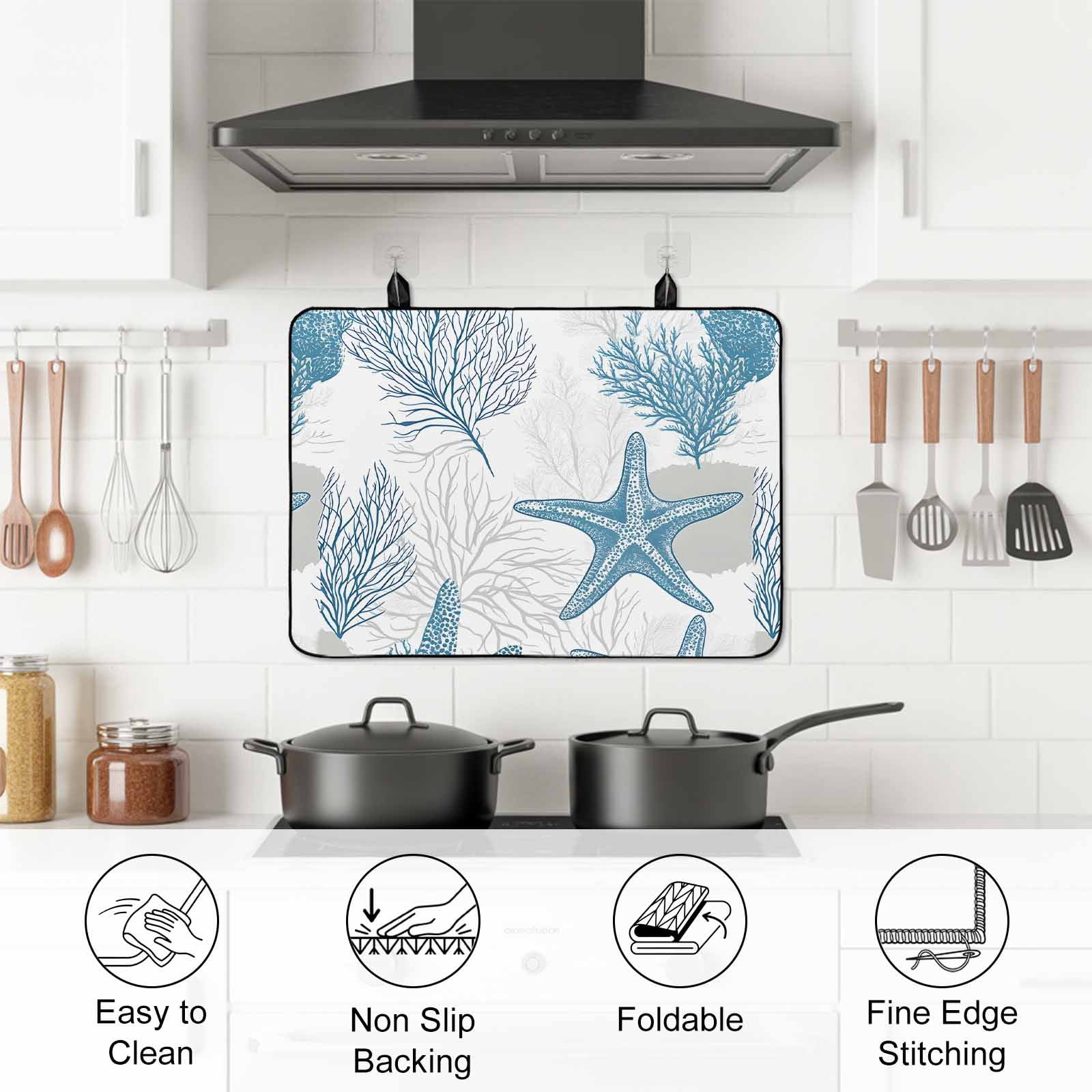 Coastal Starfish Stove Top Cover for Electric Stove, Heat-proof & Non Slip Glass Top Stove Cover Protector, 0cean Nautical Coral Seagrass Nature Kitchen Flat Cooktop Rubber Mat 24x21 Inches