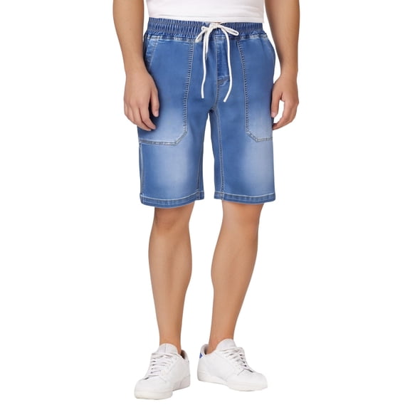 Adeawade Mens Summer Elastic Waist Denim Shorts Knee Length Loose Pocket Baggy Jeans Classic Trousers L Blue