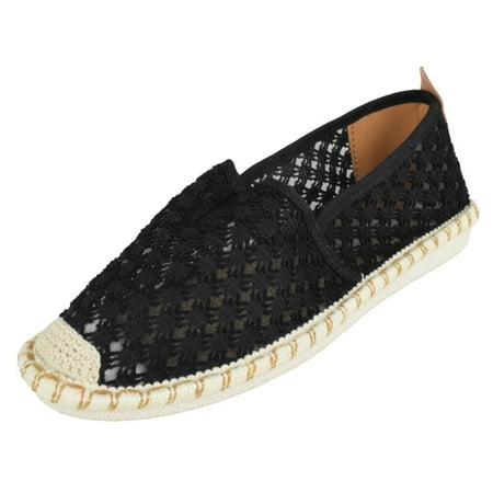 

Forever Flat Women Shoes Canvas Slip-On Loafers Espadrilles Jute Style Breathable Knit Fabric Light Weight See Through PLEDGE-16 Black 9