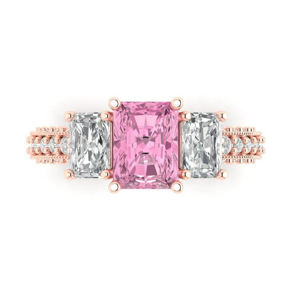 3.61 ct Emerald Cut Simulated Pink Diamond Three-Stone Engagement Ring for Women in 14K Rose Gold