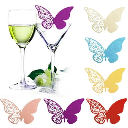 

50Pcs Table Mark Wine Glass Cards Favor Butterfly Name Place Party Wedding Decor Pink Glossy Paper