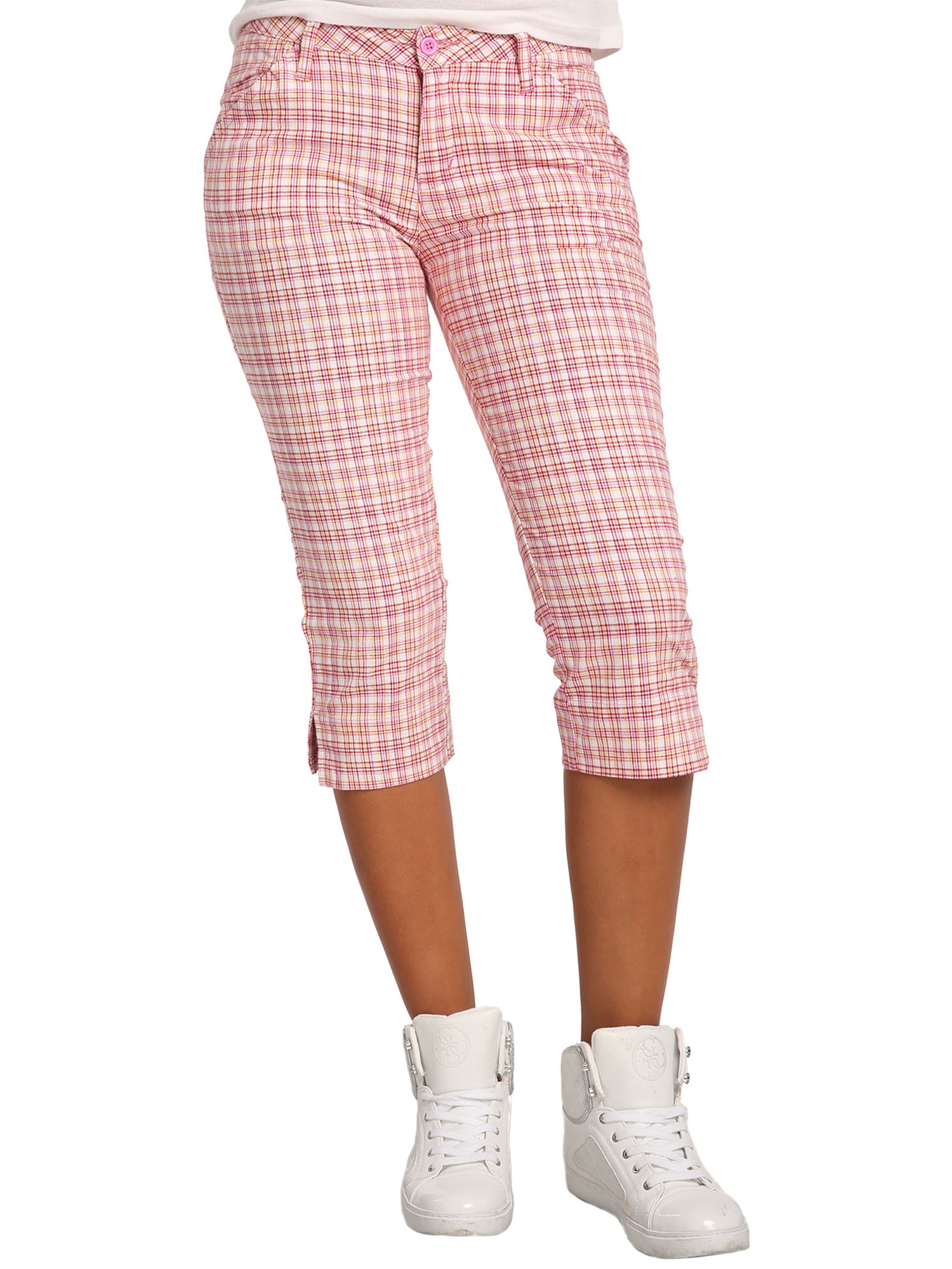 Sweet Vibes Juniors Pink Plaid Capri 