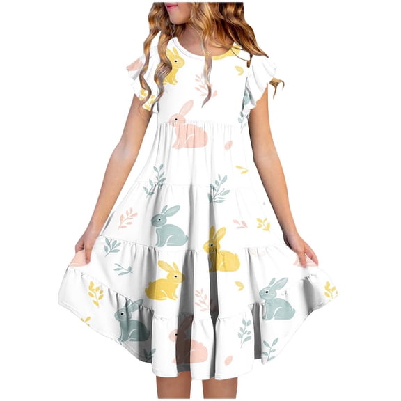 Girls Tiered Ruffle Dress with Bunny Print, Short Sleeves and Pockets, Pastel Casual Summer Dress for Kids, Sizes 4-13,Size 12-13 T
