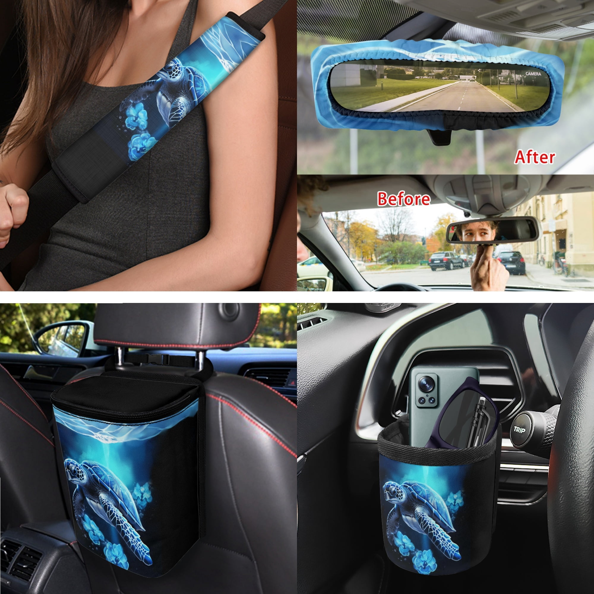 Yuyamidu Blue Sea Turtle Car Seat Cover Full Set with Steering Wheel Cover Hibiscus Seat Belt Strap Cover Trash Can Rear View Mirror Cover Cup Coasters Keychain Air Vent Storage Bag, 15 PCS