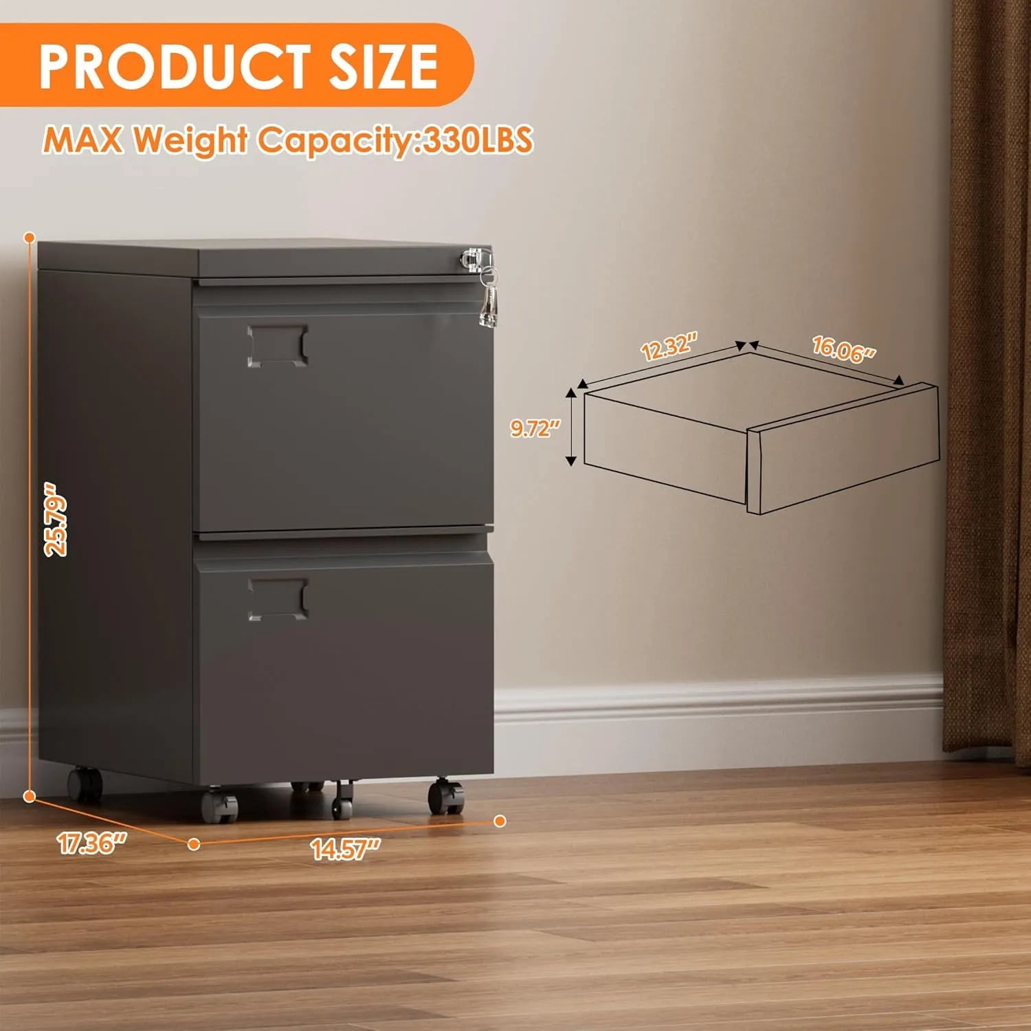 2 Drawer File Cabinet with Lock, Mobile Rolling Filing Cabinet for Home Office, Under Desk Metal File Cabinet for Letter/Legal/A4, Black