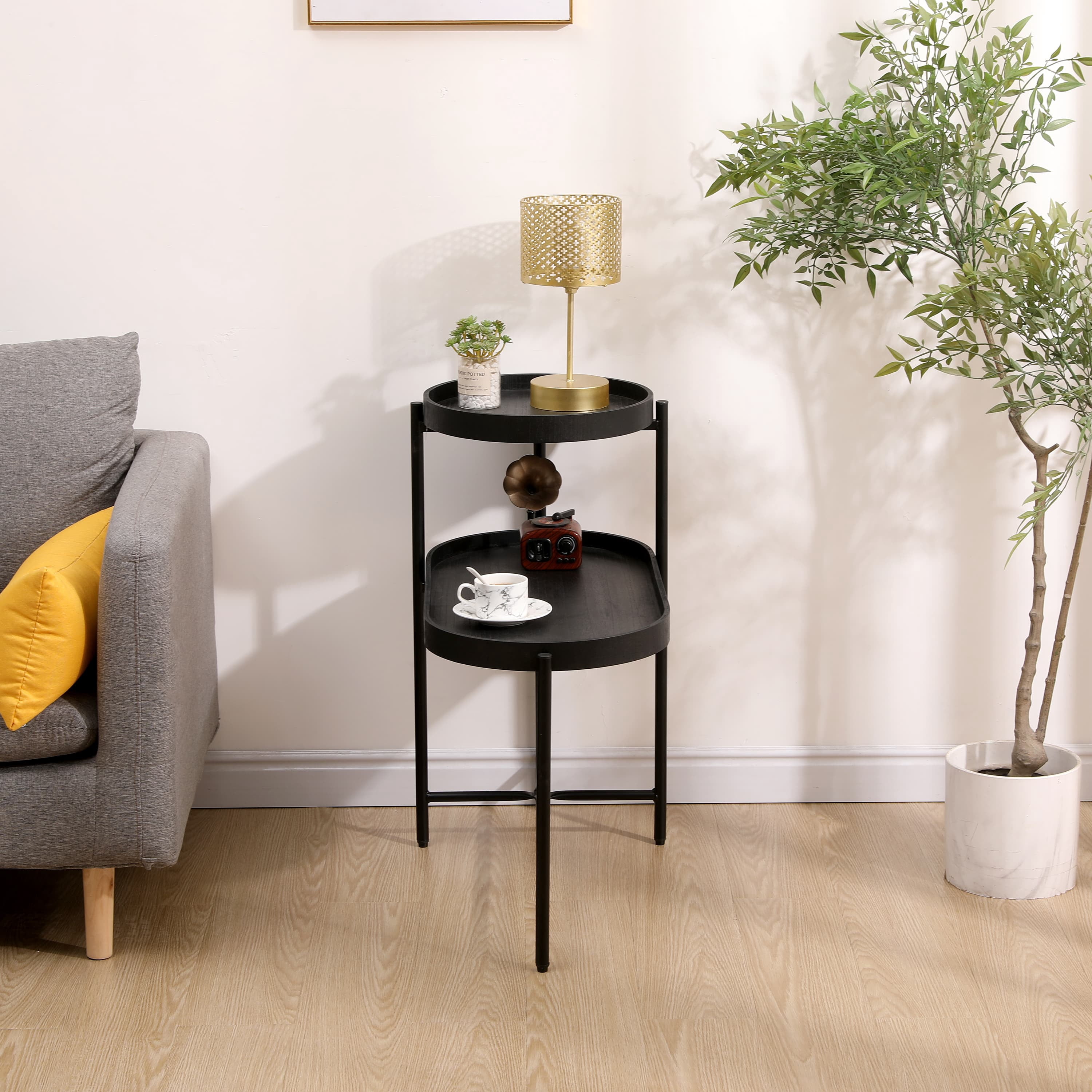 MAYEERTY 2-Tier Black Side Table - Storage, Metal Frame & Wooden Desk, Sofa Table for Living Room.