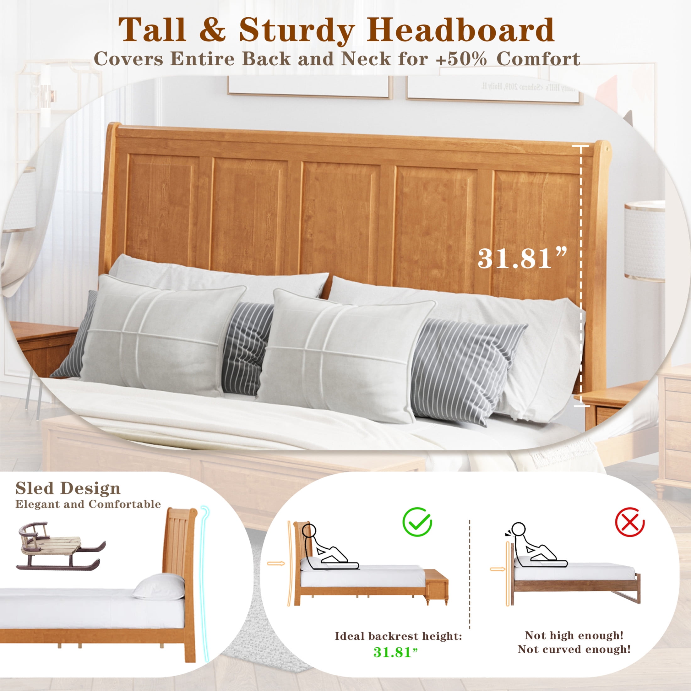 GDF Studio King Size Solid Wood Sleigh Bed with Tall Headboard and Storage Bench, Natural