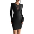 thumbnail image 2 of Women'S Solid Color Round Neck Mesh Insert Chest Detail Long Sleeve Bodycon Slim Dress, 2 of 9