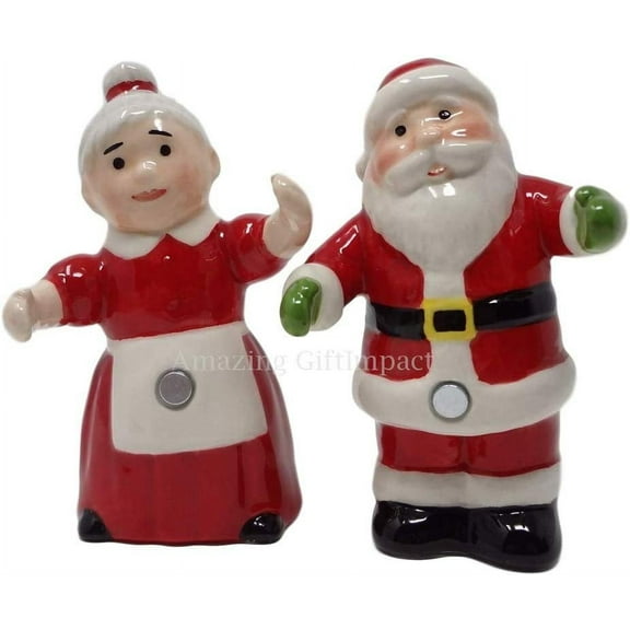 Christmas Santa and Mrs Claus Dancing Couple Hugging Magnetic Salt and Pepper Shakers Set