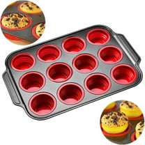 12-Cup Silicone Muffin Pan with Metal Frame - Nonstick Cupcake & Egg Bite Mold, Dishwasher Safe Bakeware for Oven (Red)