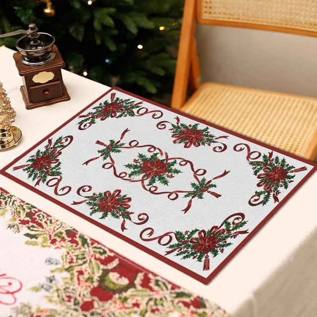 Uklsqma Napperons de Noël et de la Saint-Valentin / Napperons en Polyester Multicolores avec Décorations de Plantes Vertes / 17.7x11.8 Po Protecteurs de Table à Manger Réutilisables Résistants aux Taches pour Fêtes de Vacances