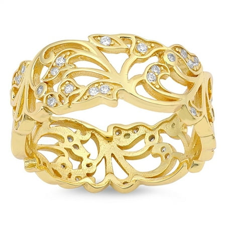 Ring Noodle For Wide Bands Yellow Gold-Tone Filigree White CZ Wide Ring ( Sizes 5 6 7 8 9 10 11 12 ) 925 Sterling Silver Band Rings (Size 5) ()