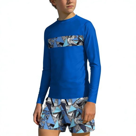 Cethrio Boys' Rash Guard Swimsuits Size 14, Long Sleeve Vacation Surfing 2 Piece Kids Bathing Suit Blue Size 14