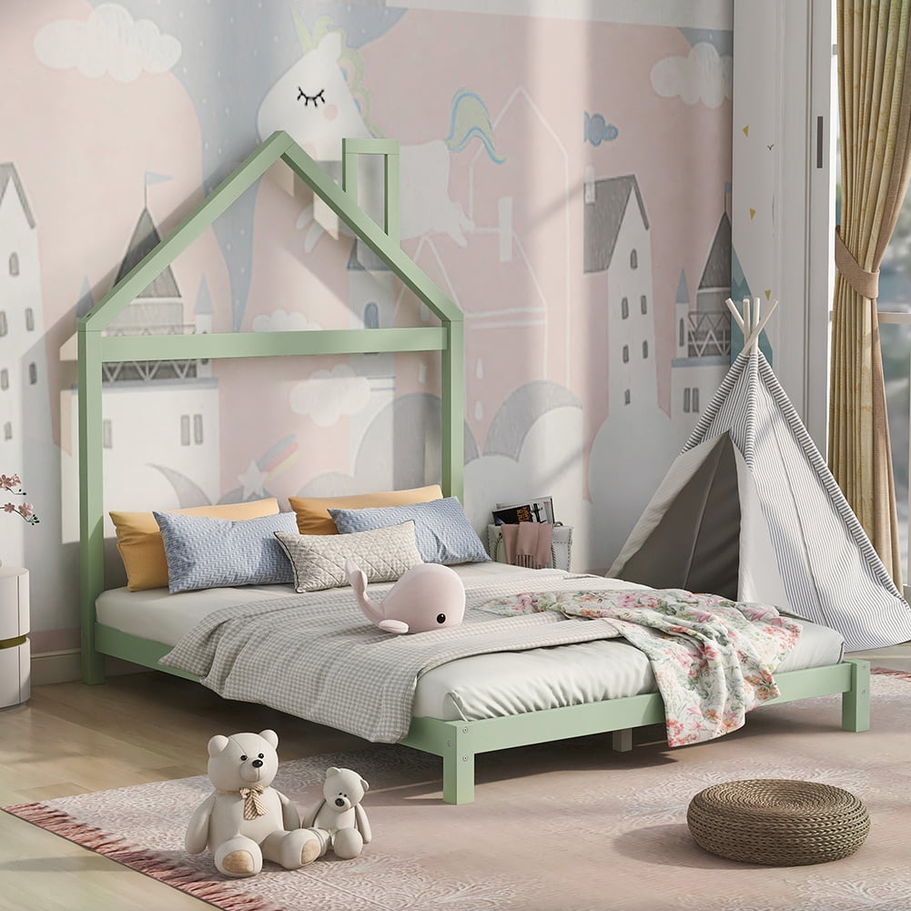 Kepooman Wood Platform Bed Frame with House-Shaped Headboard, Full Size, Green Kepooman Wood Platform Bed Frame with House-Shaped Headboard, Full Size, Green