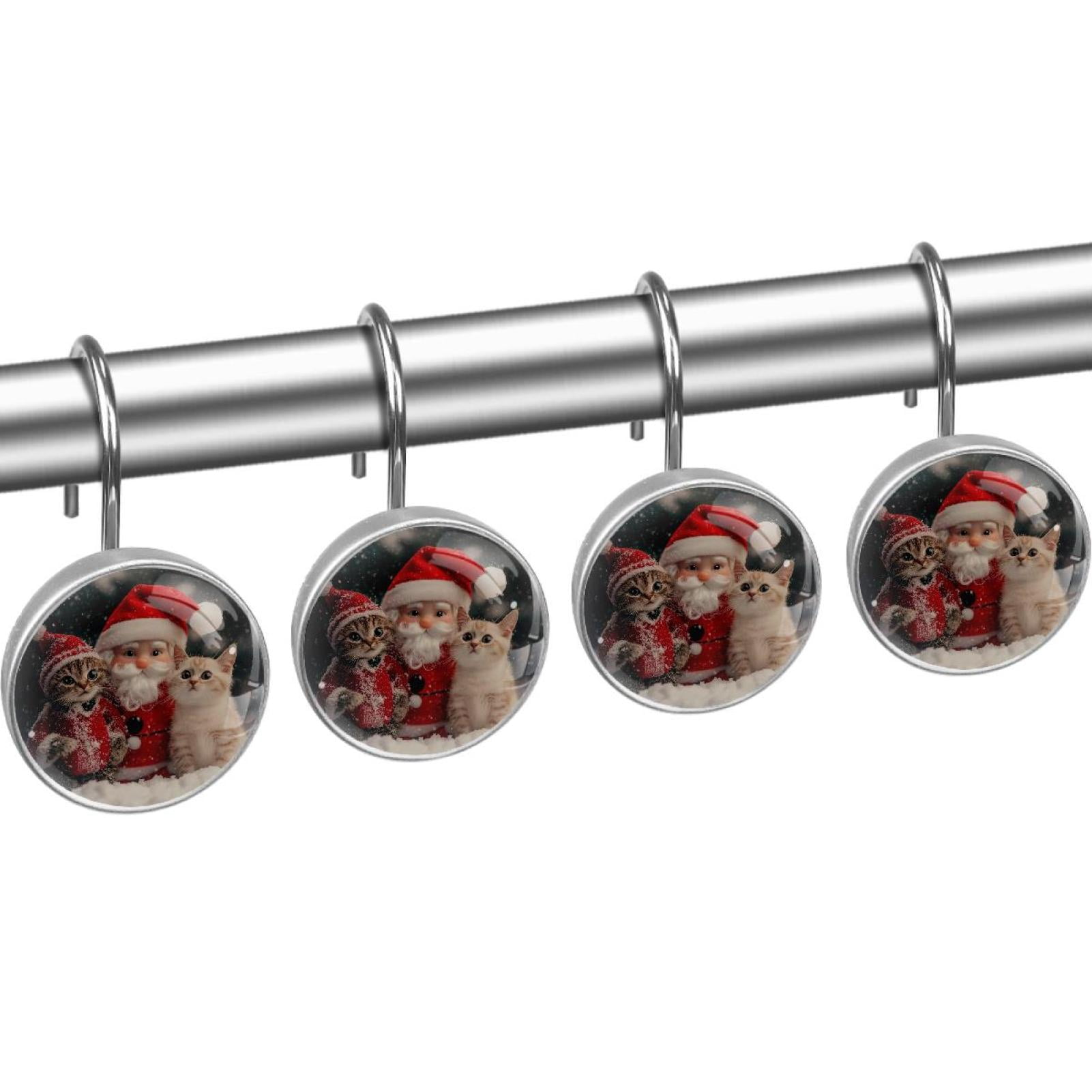 Christmas Santa and Cats Shower Curtain Hooks Round Crystal Glass, Set of 12 Shower Curtain Rings - Shower Hooks for Curtain Shower Rings