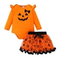 thumbnail image 2 of FASHOFT Baby Girl Halloween 2 Piece Outfit Set Cartoon Pumpkin Smile Top All Over Print Tulle Skirt Cute Toddler Holiday Party Wear Toddler Girl Halloween Red 9-12 Months, 2 of 8