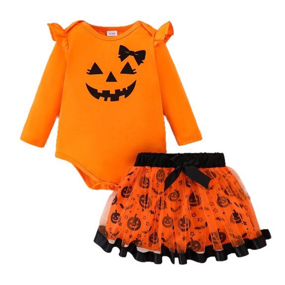 JIAYUE Baby Girls 2 Piece Halloween Outfits Ruffle Shoulder Long Sleeve Bodysuit And Bow Decor Skirt For Holiday Theme Parties,9-12 Months