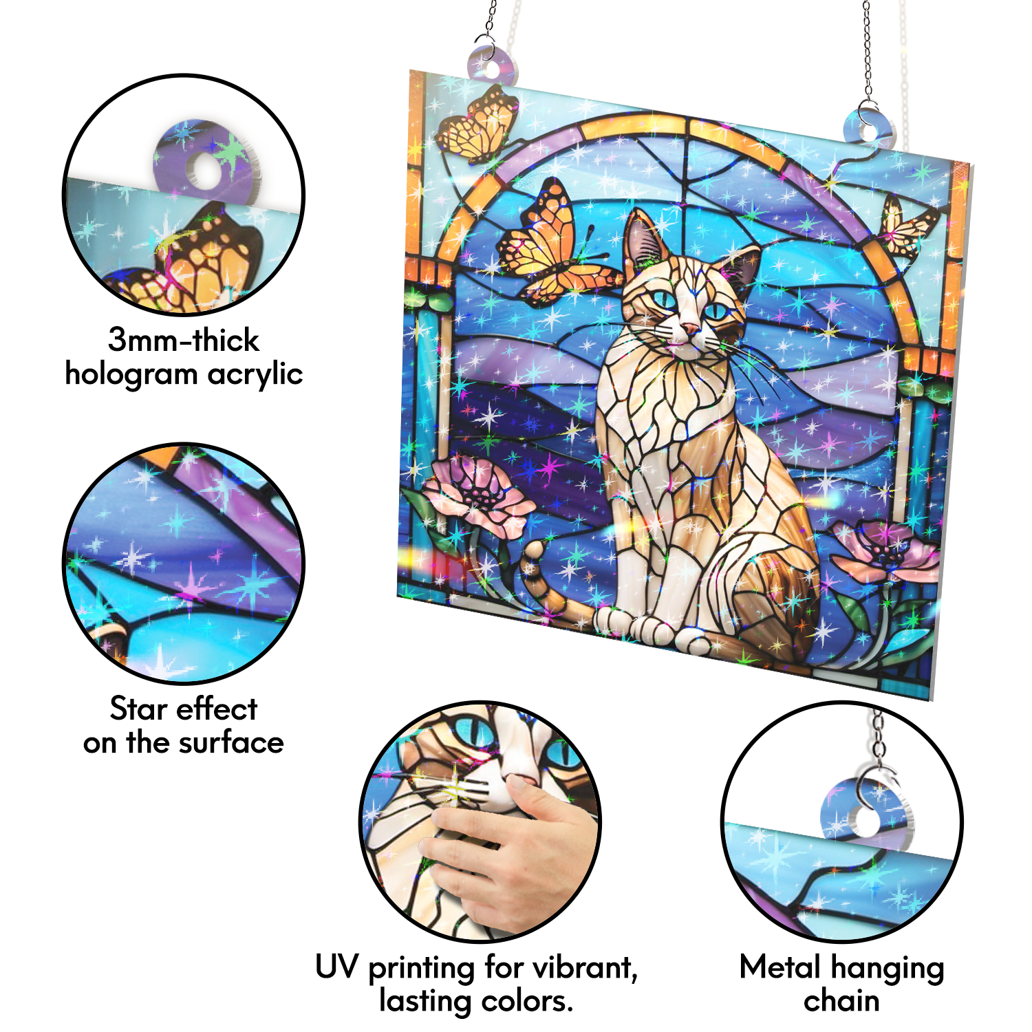 89Bloom Cat and Butterfly Stained Glass Hologram Ornament, Stained Glass Suncatcher Ornaments Home Decor, Holographic Ornaments