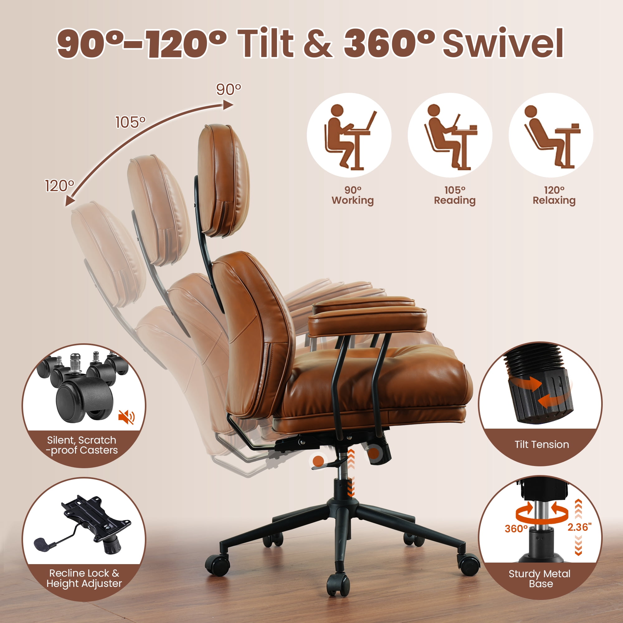 XIZZI Executive Office Chair, Oversized Computer Desk Chair with High Back, Ergonomic Elegant Design, Multi-Layer Memory Foam Cushion, Brown (PU Leather)