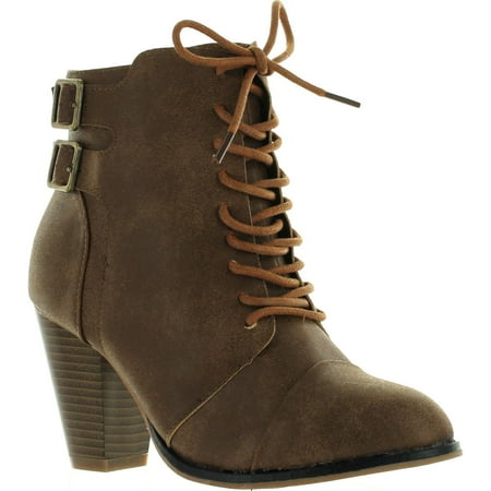 - FOREVER CAMILA-63 Womens Chunky Heel Adjustable Buckle Lace Up Ankle Booties