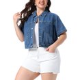 thumbnail image 4 of Agnes Orinda Women's Plus Size Cropped Denim Jackets Classic Lapel Short Sleeve Button Down Washed Casual Jean Jacket with Pocket 4X Blue, 4 of 6