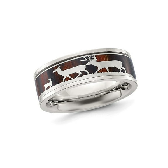Gem & Harmony Mens Stainless Steel Wood Deer Inlay 8mm Band Ring for Men