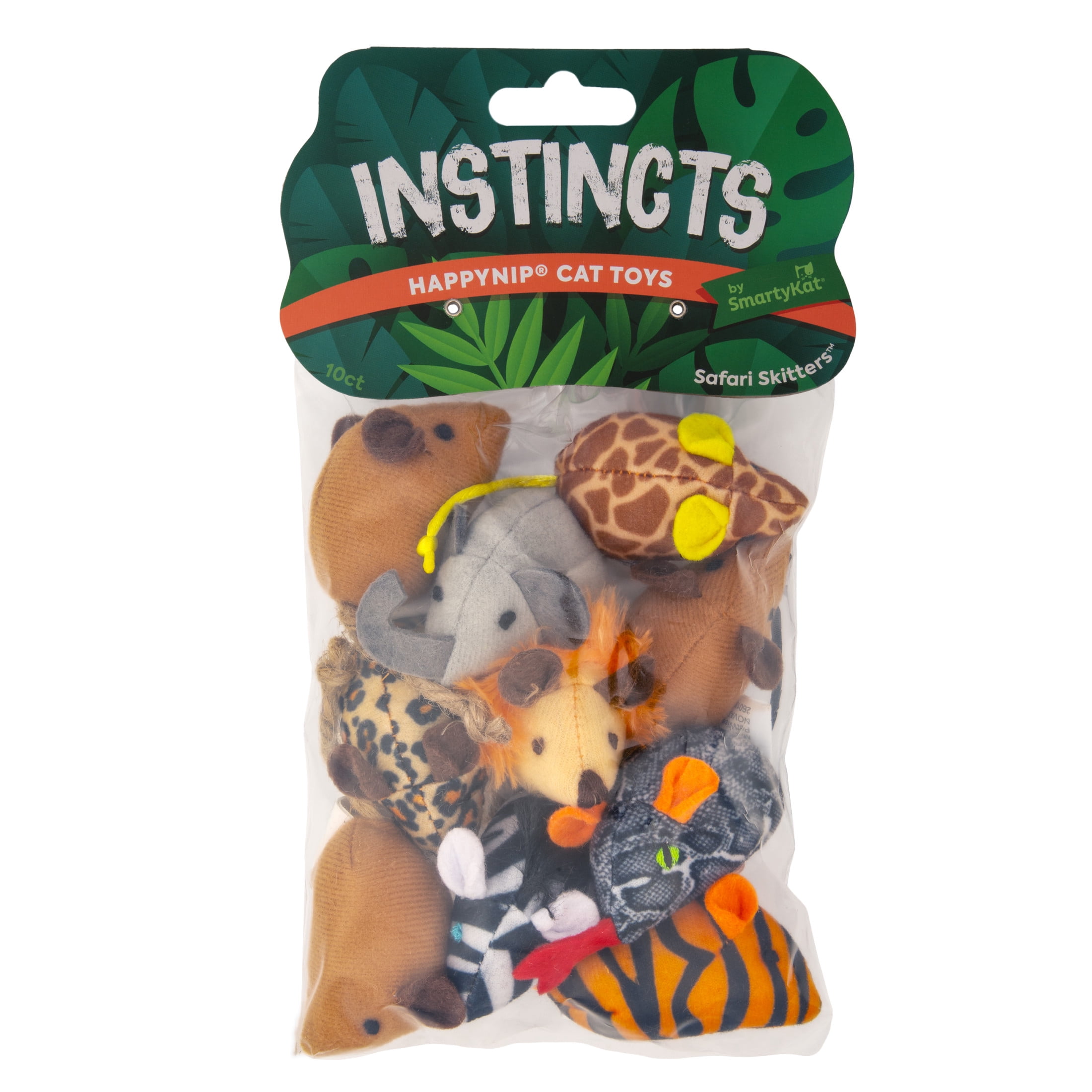 Instincts by SmartyKat Safari Skitters Catnip and Silvervine Cat Toys, Set of 10, Small Plush Mice with String Tails
