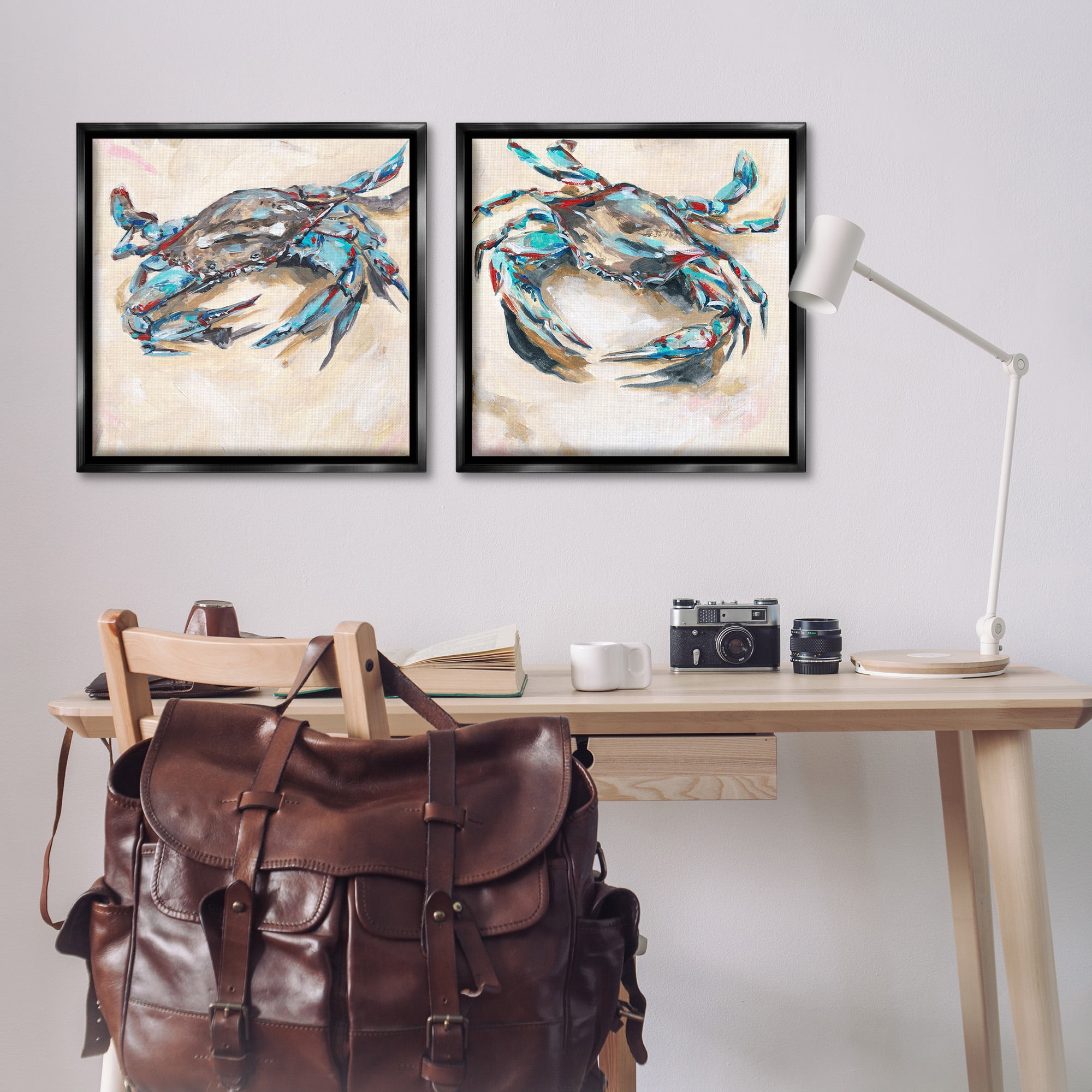 Stupell Industries Blue Crabs on Sand Animals & Insects Painting Black Floater Framed Canvas Art Print Wall Art, 25 x 25, Set of 2