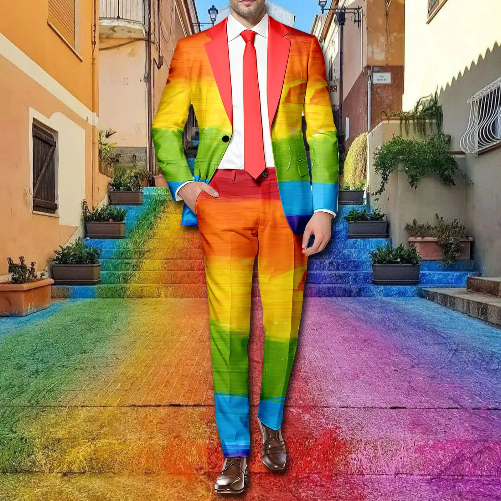 Mymyguoe Men's 2-Piece Set Rainbow Suit 2-Piece Fancy Dress Costumes Carnival Costume Disco Outfit Blazer Suit Jacket Trousers Set Jacket Suit - View #11