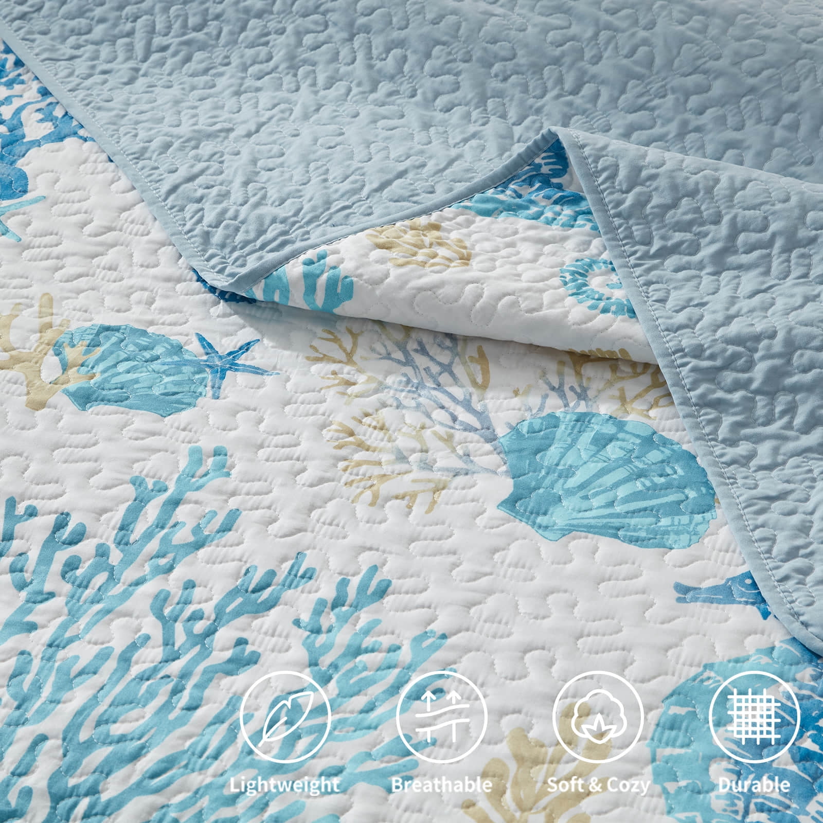 Coastal Quilt Set King Size - Lightweight Microfiber Reversible Bedspread, 98''x106'', Sky Blue, Includes 2 Shams