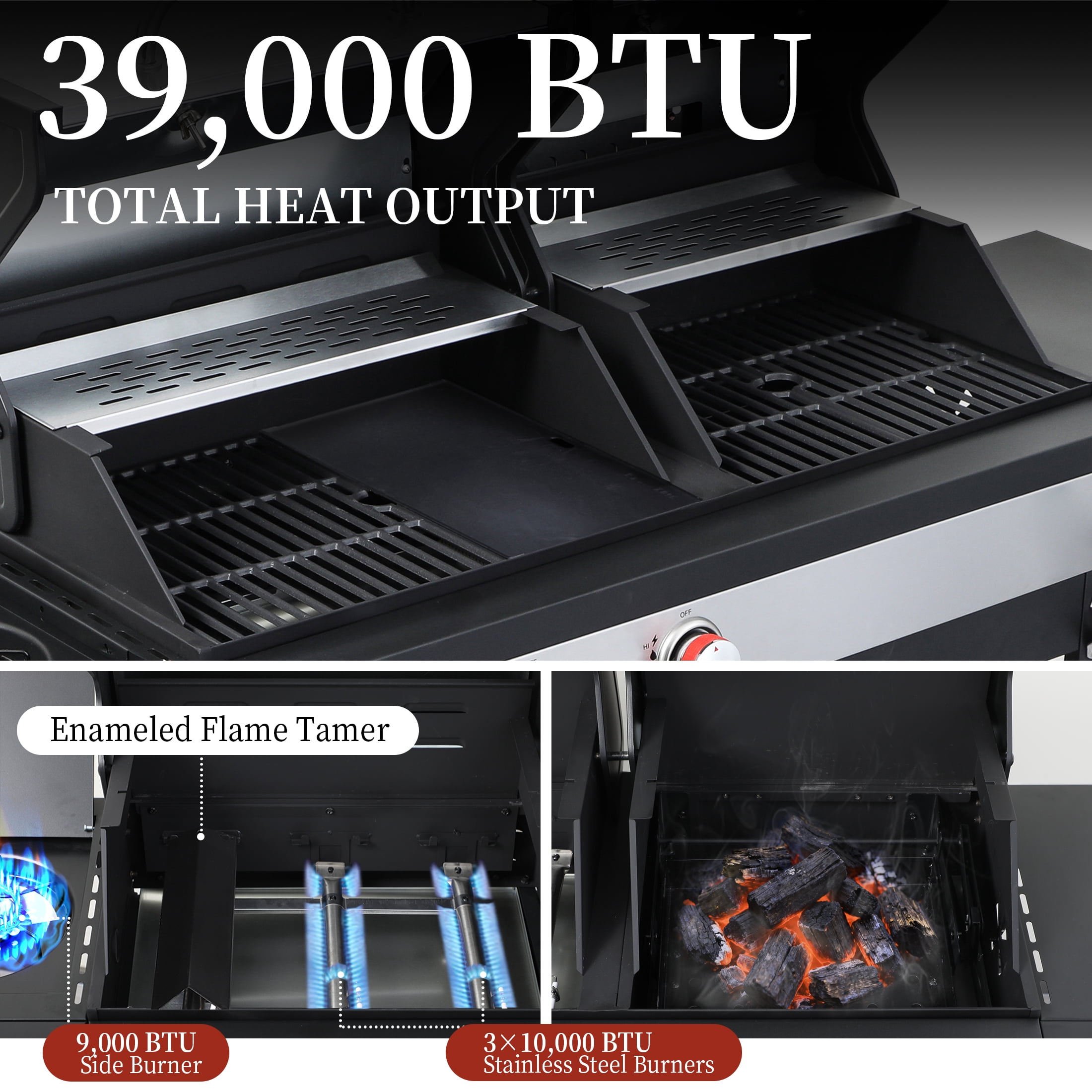 CIG GARDEN 3 Burner Propane Gas and Charcoal Grill Combo with Side Burner,41,500 BTU Dual Fuel Bbq with Dual Lids for Outdoor Barbecue