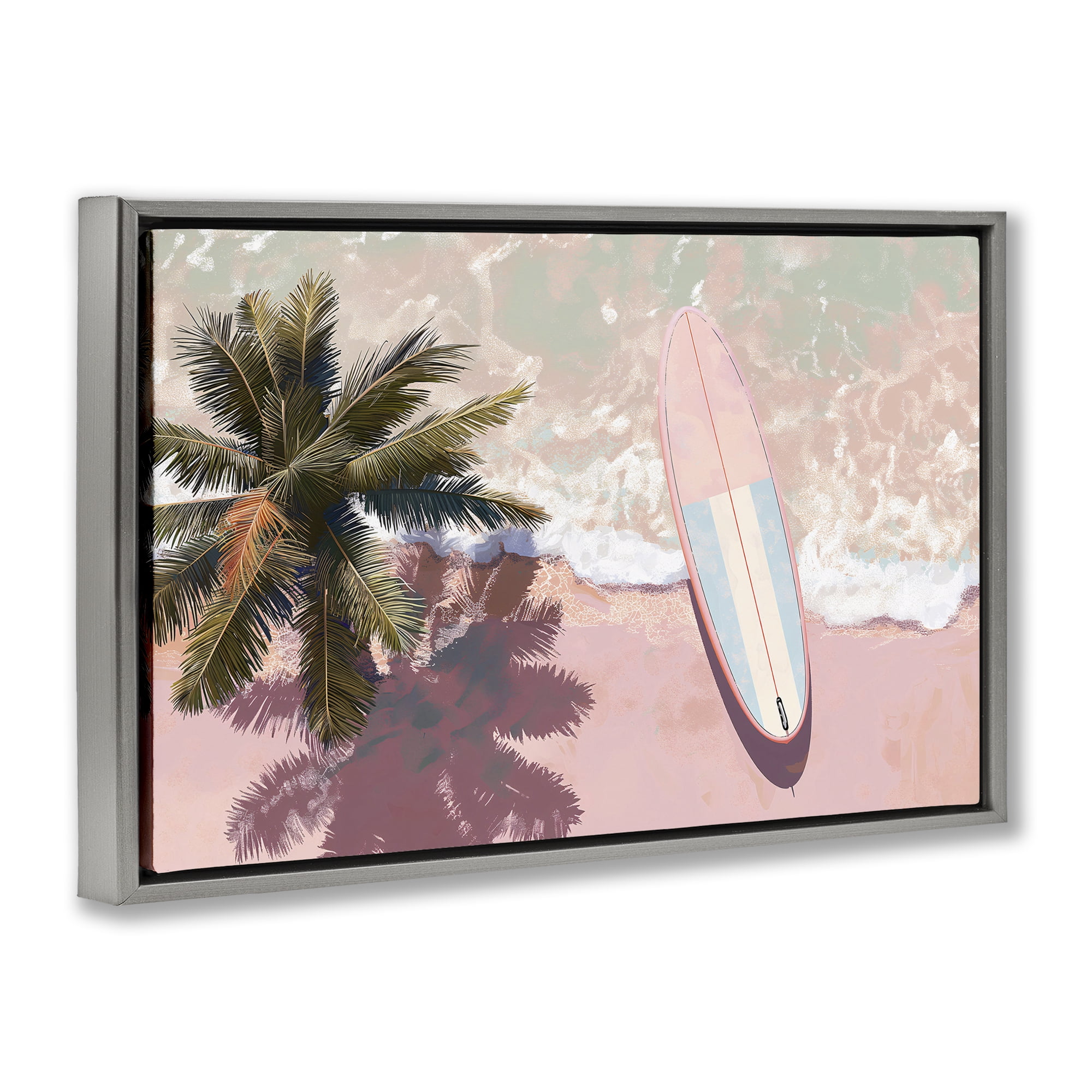Stupell Industries Blush Pink Surfboard & Palm Gray Framed Floater Canvas Wall Art, design by Jacky Ngan