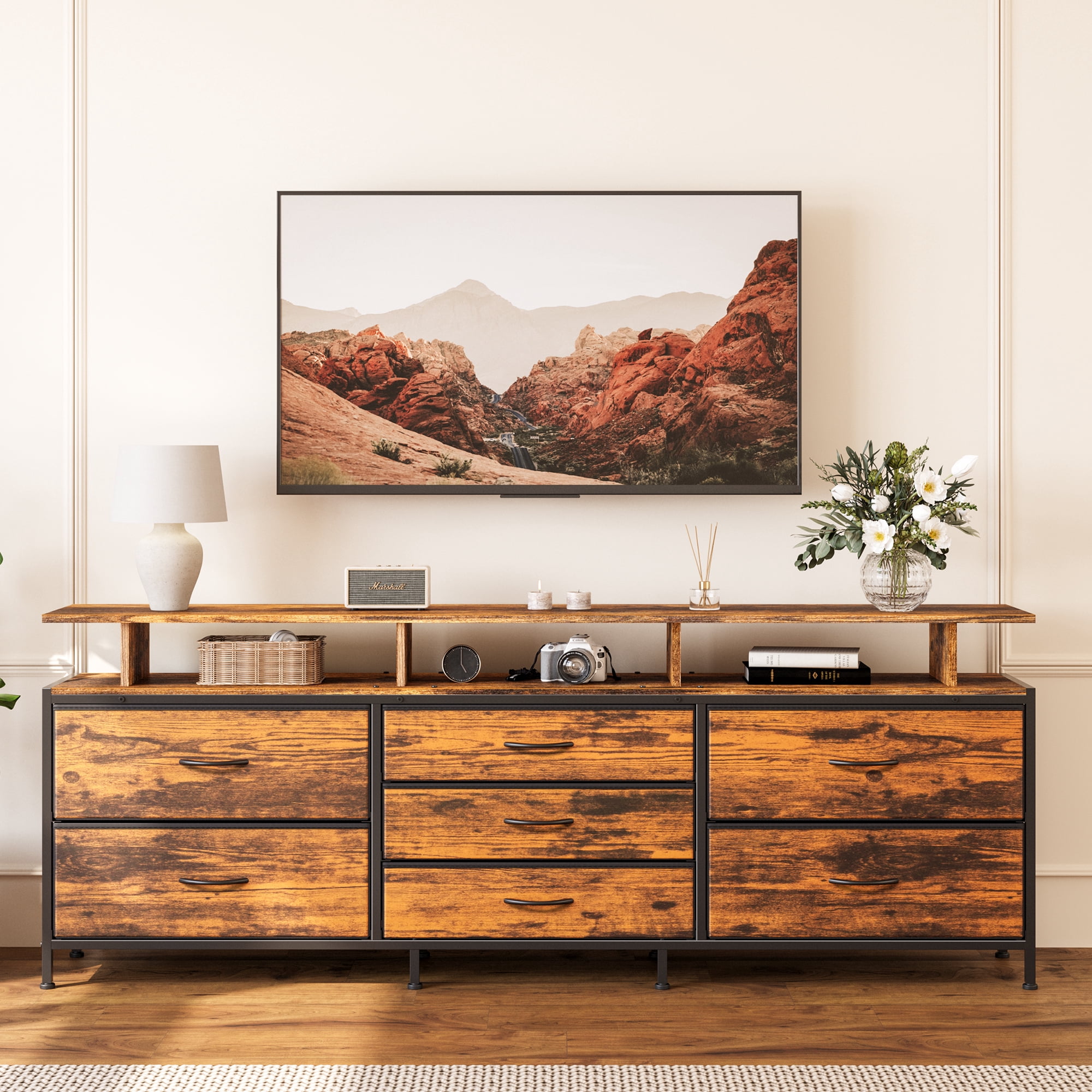 GUNAITO TV Stand with Adjustable Mount for TV up to 75", Big TV Stand for Living Room with 7 Fabric Drawers , Rustic Brown