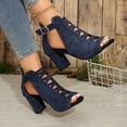 thumbnail image 4 of Women's Gladiator Sandals Hollow out Chunky Heels Adjustable Ankle Strap Peep Toe Block Heeled Dress Shoes Blue Size 7.5, 4 of 6
