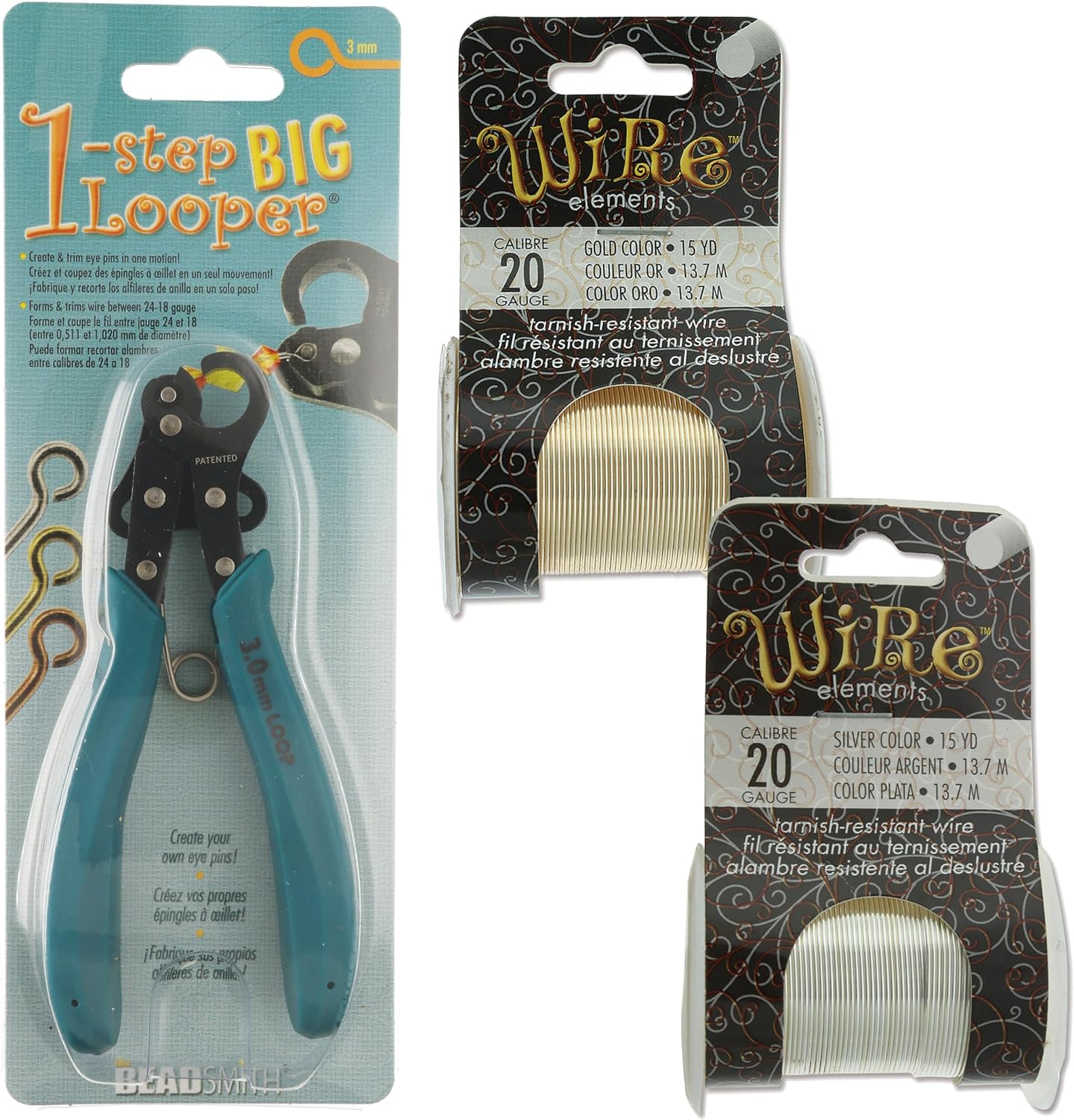 The Beadsmith Looper Kit – Includes a 1-Step Looper Plier (3 mm) & 2 Tarnish-Resistant Wire Spools, 15 Yards Each in Silver & Gold – Create Consistent Loops for Wire Jewelry in One Step