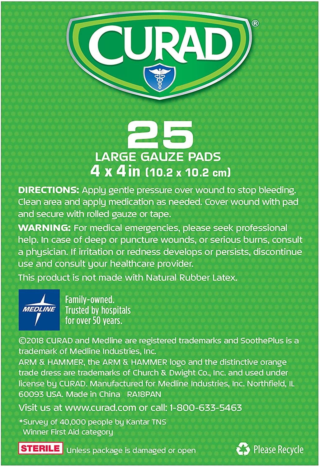 Curad SoothePlus Large Gauze Pads Eliminate Bacteria Odors, 25ct, 6-Pack
