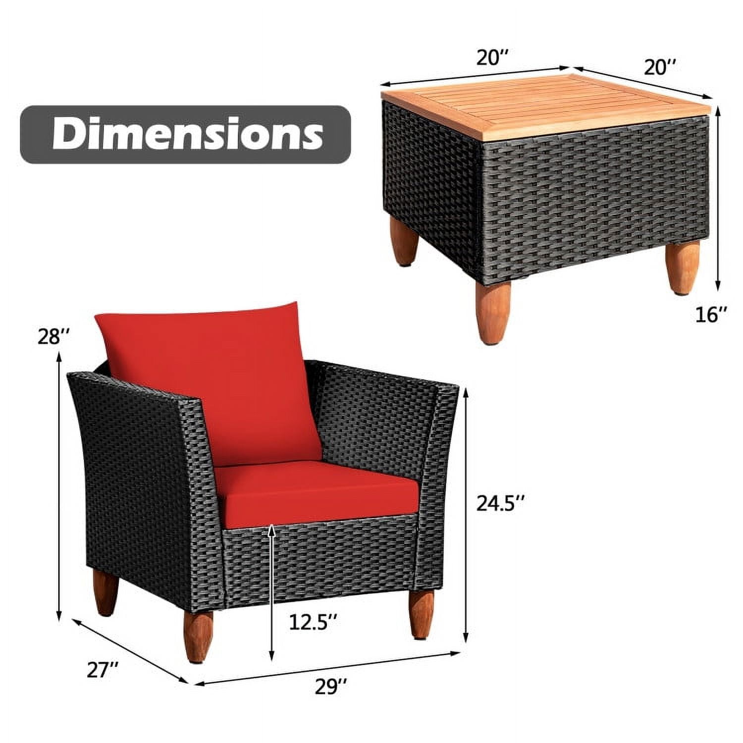 Aimee Lii 3 Pieces Outdoor Patio Rattan Furniture Set with Coffee Table, Modern Patio Furniture, Red