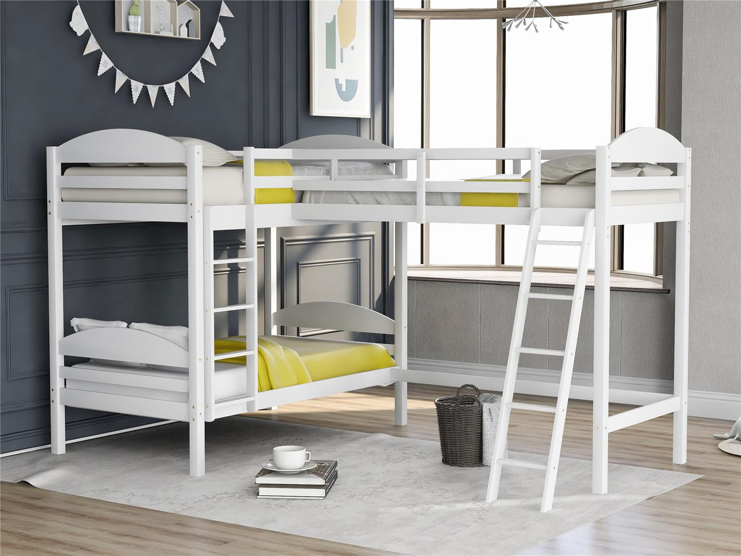 Twin Size Triple Bunk Bed for Kids Adult Teens, L-Shaped Corner Bunk ...