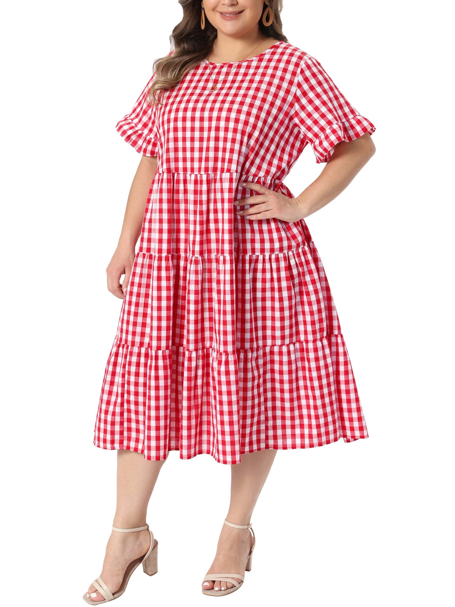 DARING DIVA Women's Plus Gingham Plaid Round Neck Dress 2X Red