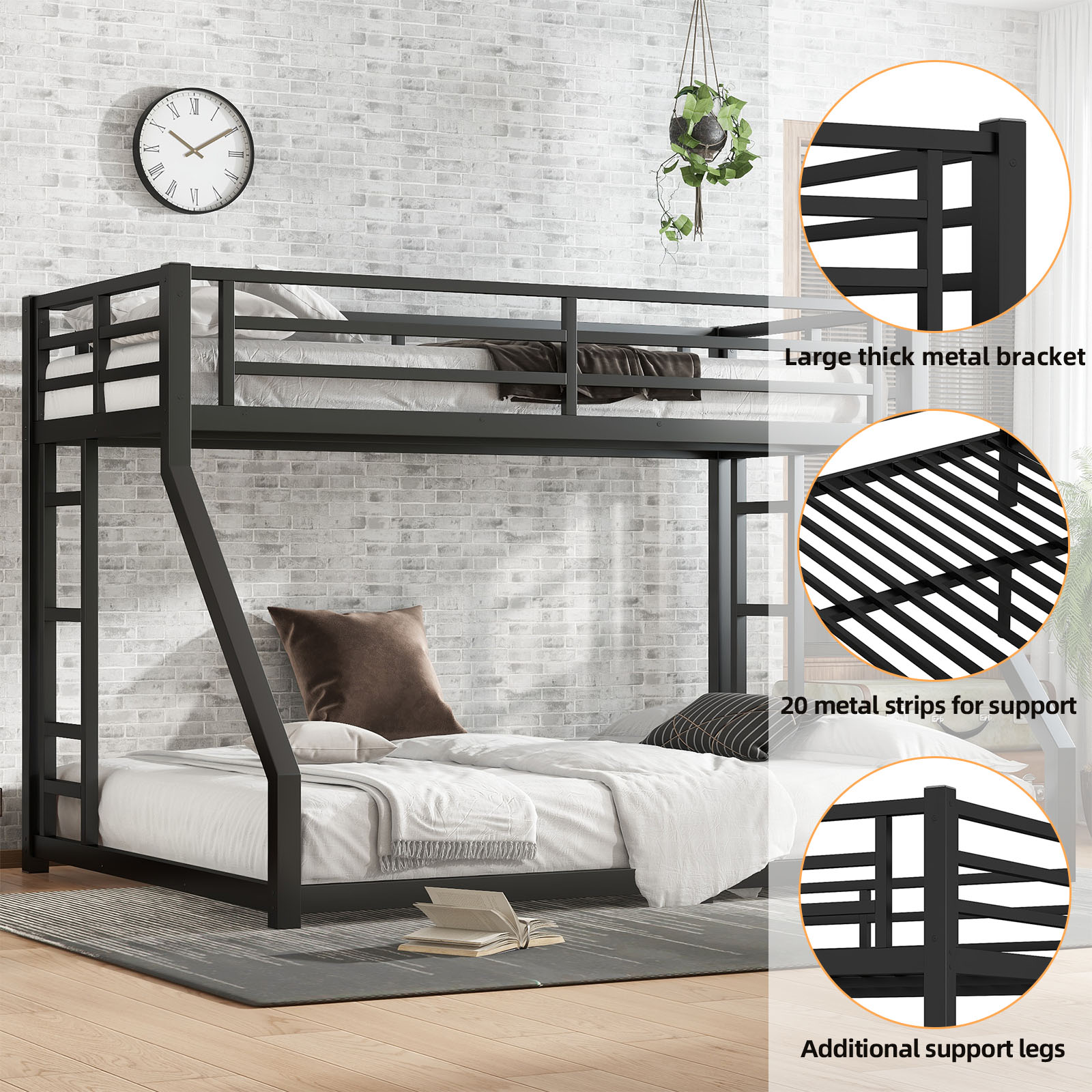 Miniyam Twin XL Over Queen Metal Bunk Bed Frame with Guardrail and Dual Ladders, Heavy-Duty Steel, Black