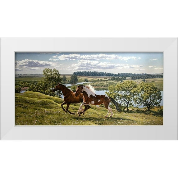Adamov, Alexey 24x14 White Modern Wood Framed Museum Art Print Titled - Horses by River Volga