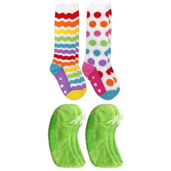 Jefferies Socks Girls Rainbow Dot & Footie Fuzzy Non-Skid Slipper Socks 4 Pair Pack