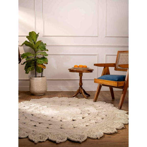 Rugsotic Carpets Hand Woven, Oriental Jute Round Floor Area Rug For Living Room Bedroom, White, 6'7''X6'7''