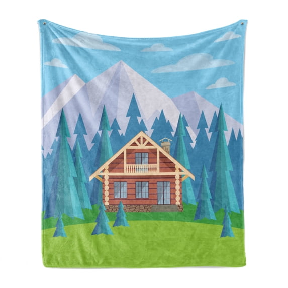 Log Cabin Soft Flannel Fleece Throw Blanket, Image of a Wooden House in Environment Surrounded with Fir Trees and Mountains, Cozy Plush for Indoor and Outdoor Use, 70" x 90", Multicolor, by Ambesonne