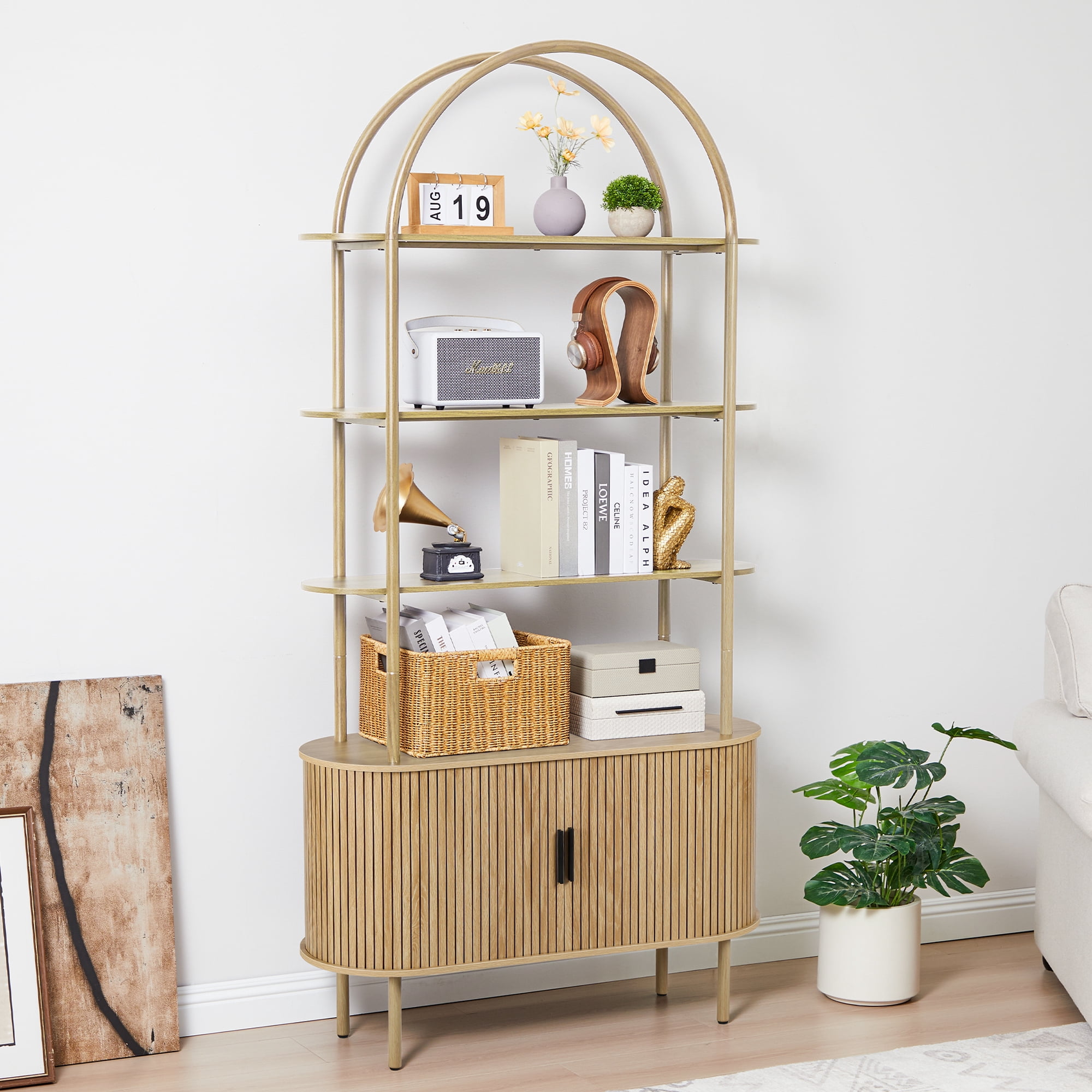 LEFHDA 79" Industrial Modern Arched Bookshelf with 4-Tier Open Shelf & Sliding Tambour Cabinet Storage, Mid-Century Curved Freestanding Bookcase for Living Room (Natural, 79 inch Set of 2)
