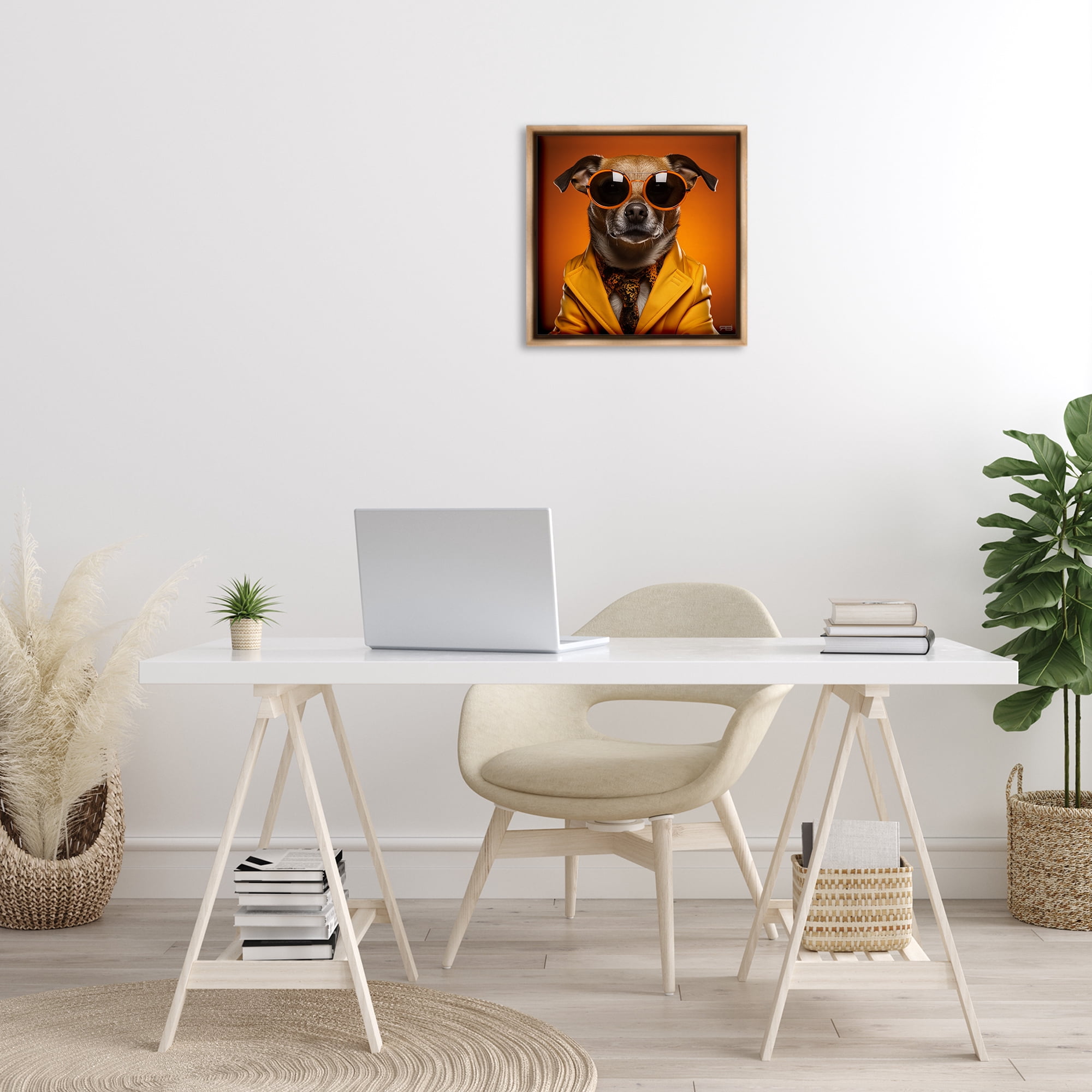 Stupell Industries Trendy Dog Yellow Suit Animals & Insects Painting Brown Floater Framed Canvas Art Print Wall Art, 18 x 18